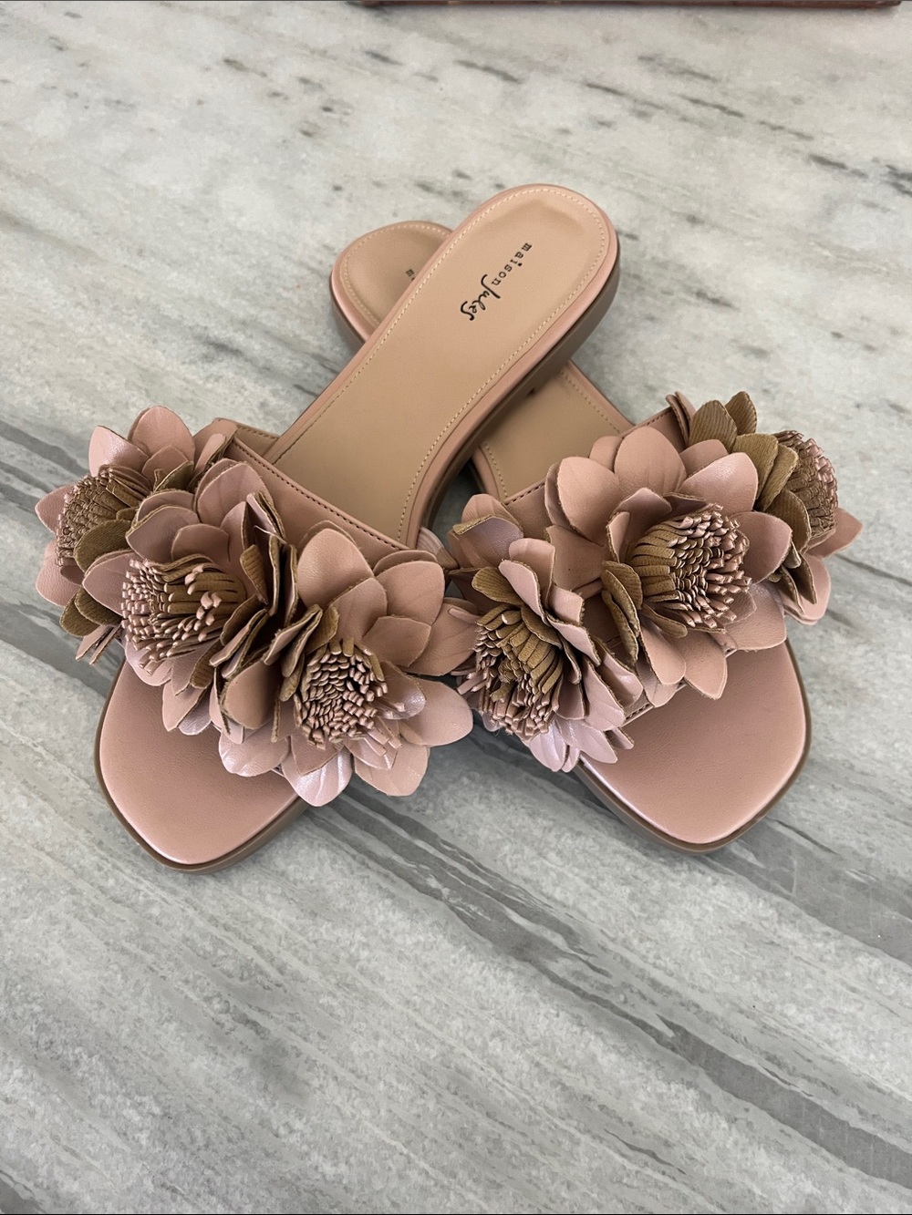 Madison Jules Floral Applique Slide Sandals in Blush Pink